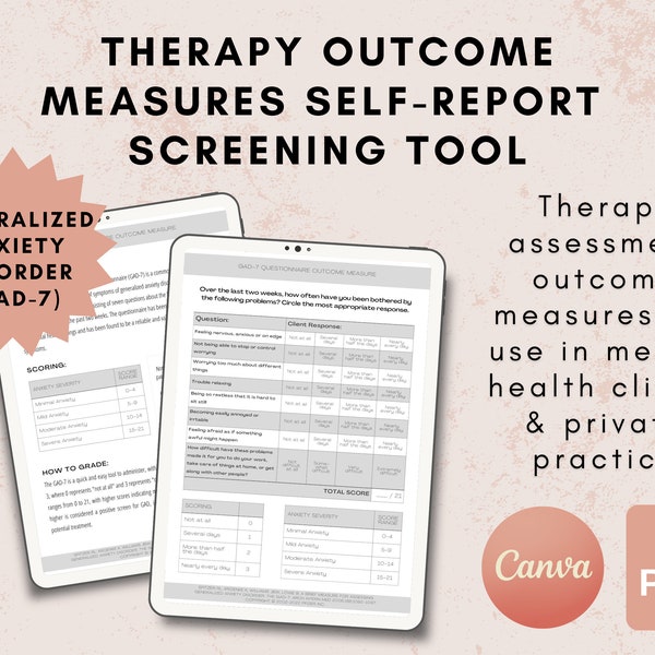 Anxiety Therapy Outcome Measures Screening Tool, Mental Health Assessment, GAD-7, Therapy Aid, Mental Status Exam, Counseling Resource