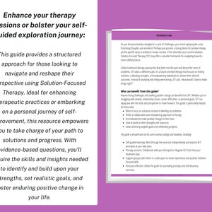 Puede incluir: Una gu&iacute;a rosa y blanca con el t&iacute;tulo "Mejora tus sesiones de terapia o refuerza tu viaje de exploraci&oacute;n guiada" y el texto "Esta gu&iacute;a proporciona un enfoque estructurado para aquellos que buscan navegar y remodelar su perspectiva utilizando la terapia centrada en soluciones. Ideal para mejorar las pr&aacute;cticas terap&eacute;uticas o embarcarse en un viaje personal de automejora, este recurso te empodera para tomar el control de tu camino hacia las soluciones y el progreso. Con preguntas basadas en evidencia, adquirir&aacute;s las habilidades y los conocimientos necesarios para identificar y desarrollar tus fortalezas, establecer metas realistas y fomentar un cambio positivo duradero en tu vida."