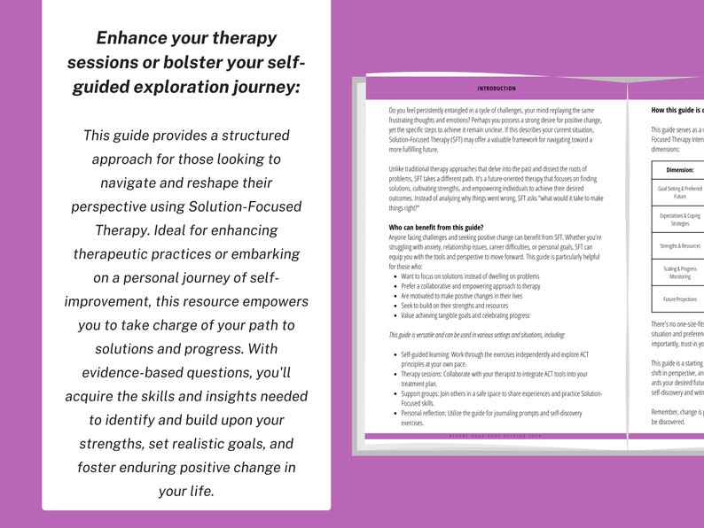 Puede incluir: Una gu&iacute;a rosa y blanca con el t&iacute;tulo "Mejora tus sesiones de terapia o refuerza tu viaje de exploraci&oacute;n guiada" y el texto "Esta gu&iacute;a proporciona un enfoque estructurado para aquellos que buscan navegar y remodelar su perspectiva utilizando la terapia centrada en soluciones. Ideal para mejorar las pr&aacute;cticas terap&eacute;uticas o embarcarse en un viaje personal de automejora, este recurso te empodera para tomar el control de tu camino hacia las soluciones y el progreso. Con preguntas basadas en evidencia, adquirir&aacute;s las habilidades y los conocimientos necesarios para identificar y desarrollar tus fortalezas, establecer metas realistas y fomentar un cambio positivo duradero en tu vida."
