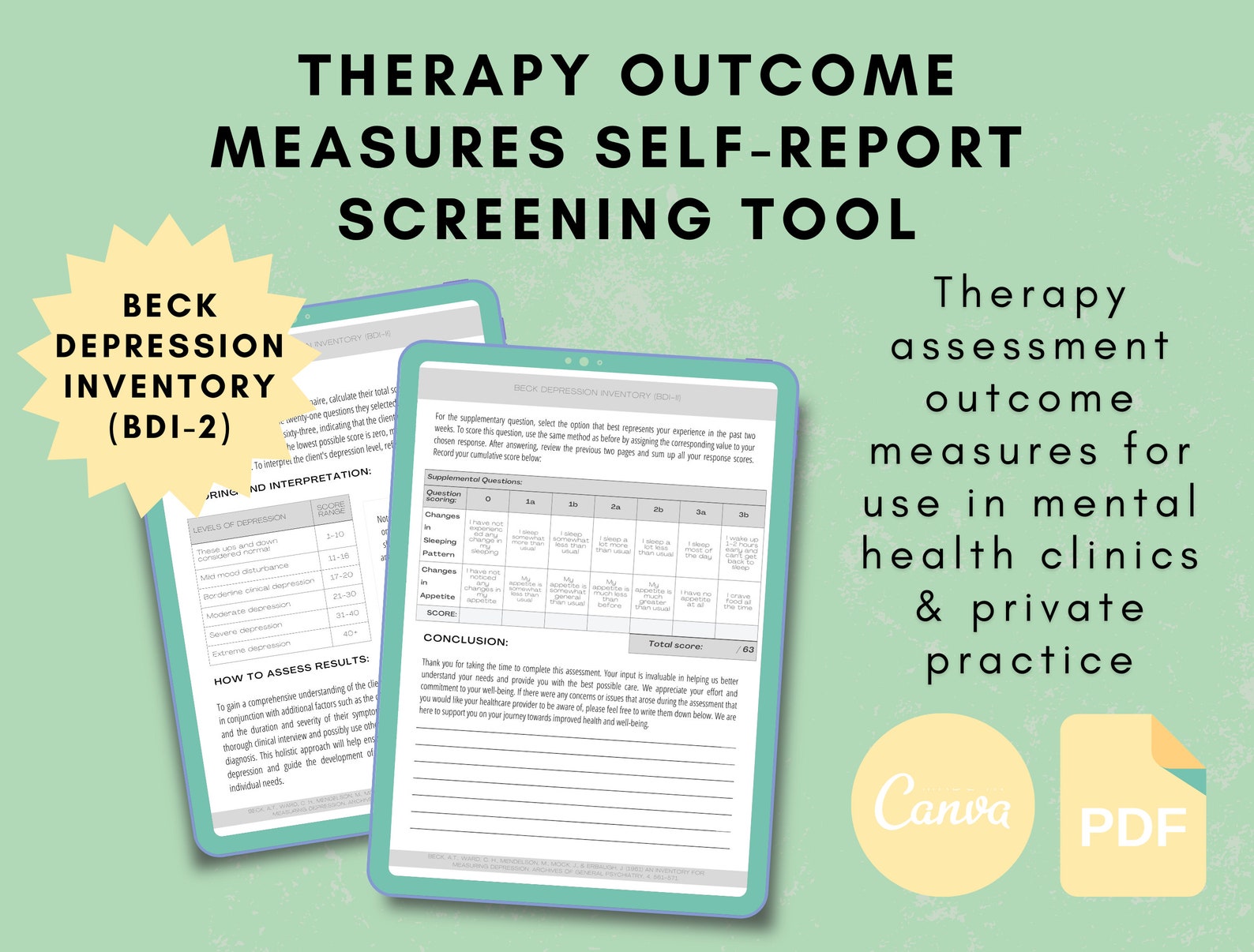 Depression Therapy Outcome Measures Screening Tool, BDI-2, Beck ...