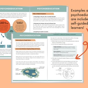May include: A colorful worksheet with the title "Circle of Control Worksheet" and instructions on how to draw a circle and categorize thoughts, actions, and reactions. The worksheet is part of a larger guide on psychoeducation.