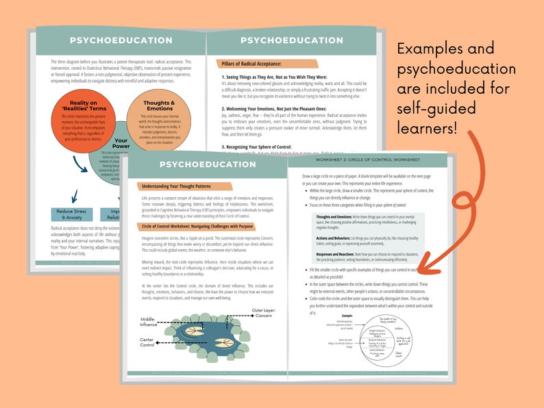 May include: A colorful worksheet with the title "Circle of Control Worksheet" and instructions on how to draw a circle and categorize thoughts, actions, and reactions. The worksheet is part of a larger guide on psychoeducation.