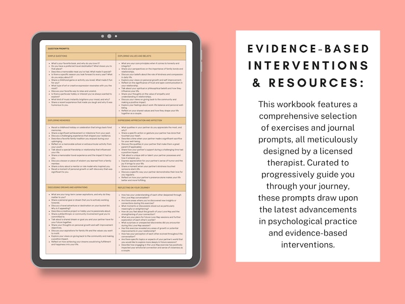 May include: A workbook titled "Evidence-Based Interventions & Resources" with a pink background. The workbook features a comprehensive selection of exercises and journal prompts designed by a licensed therapist. The text describes the workbook as a tool to guide users through their journey.