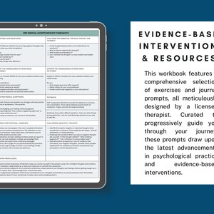 K&ouml;nnte beinhalten: Ein digitales Tablet zeigt ein Arbeitsbuch mit dem Titel "Evidenzbasierte Interventionen & Ressourcen". Das Arbeitsbuch bietet eine umfassende Auswahl an &Uuml;bungen und Tagebuch-Aufforderungen, die dazu dienen, die Benutzer auf ihrer Reise zur Selbstverbesserung zu begleiten.