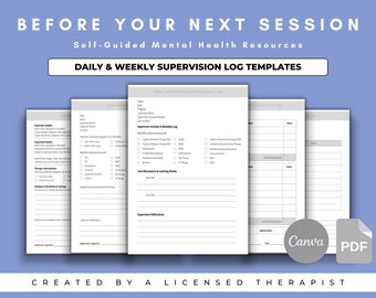 May include: A set of printable supervision log templates for therapists. The templates include sections for supervision details, therapy interventions, summary of activities and training, and supervisor reflections. The templates are designed to help therapists track their progress and development.