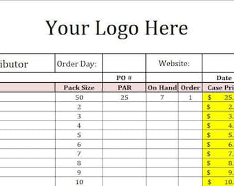 May include: A blank order form for a food distributor with the headings "Produce", "Pack Size", "PAR", "On Hand", "Order", "Case Price", and "Total". The form has a row for carrots with different pack sizes and corresponding prices.