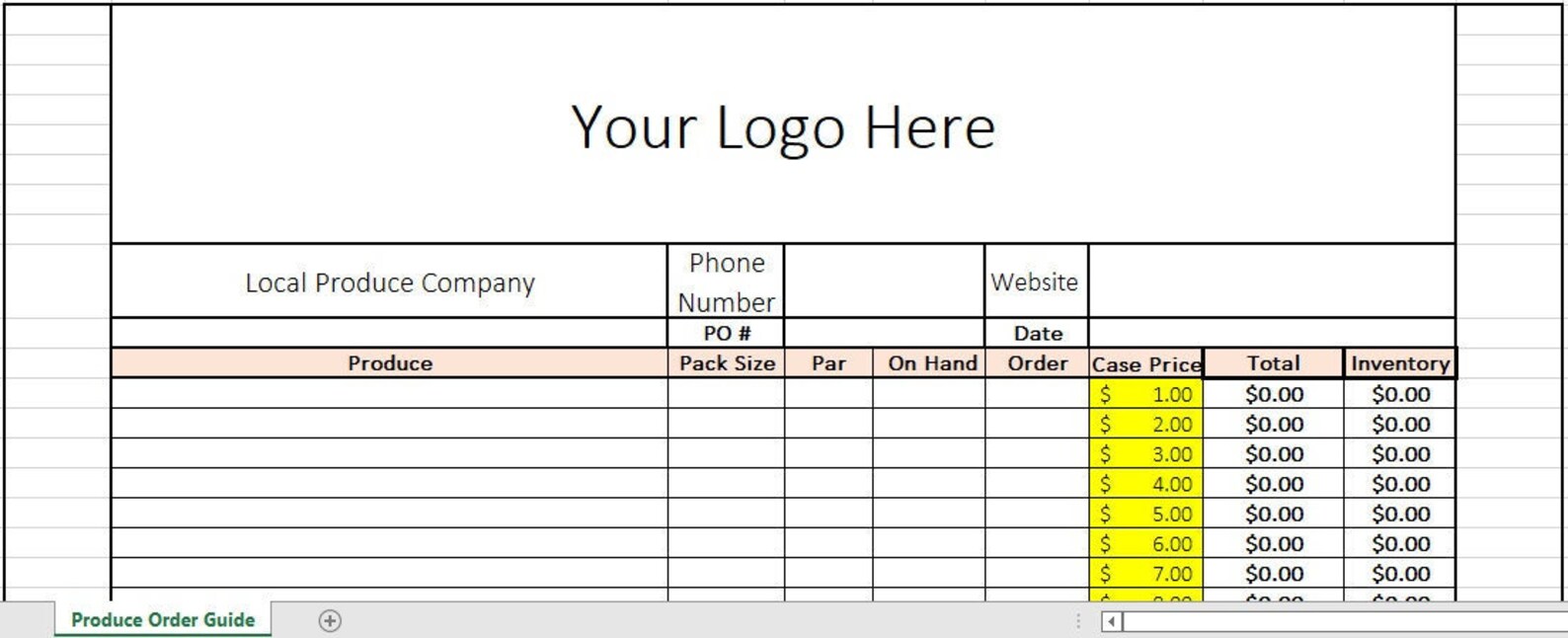 Excel Template Restaurant Produce Order Guide Etsy