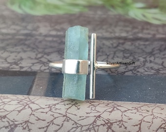 Raw Aquamarine Bar Ring: Adjustable Crystal Birthstone Handmade Ring