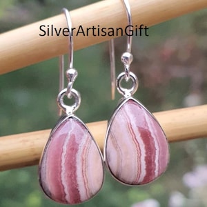 Pink Rhodochrosite Gemstone 925 Sterling Silver Earrings for Women | Rhodochrosite Earrings | Dangle Drop Earrings | Christmas Gift for Her