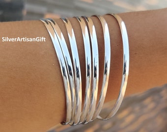 Set of 7 Silver Bangles: Stacking Bracelets 925 sterling silver Handmade jewelry everyday wear