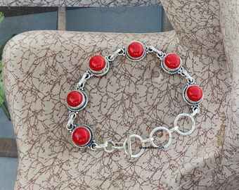 Red Coral Bracelet, Coral gemstone, Red Coral Jewelry, Gemstone Bracelet, Handmade Jewellery, 925 Silver Plated Bracelet, Gift For Her