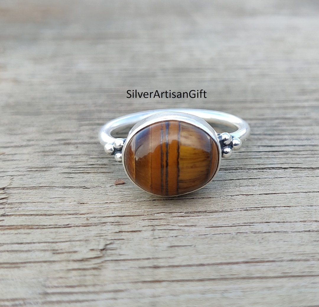 タイガーアイ 925 スターリングシルバー リング - 10 mm クッション