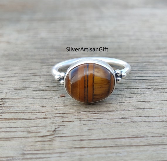 タイガーアイ 925 スターリングシルバー リング - 10 mm クッション