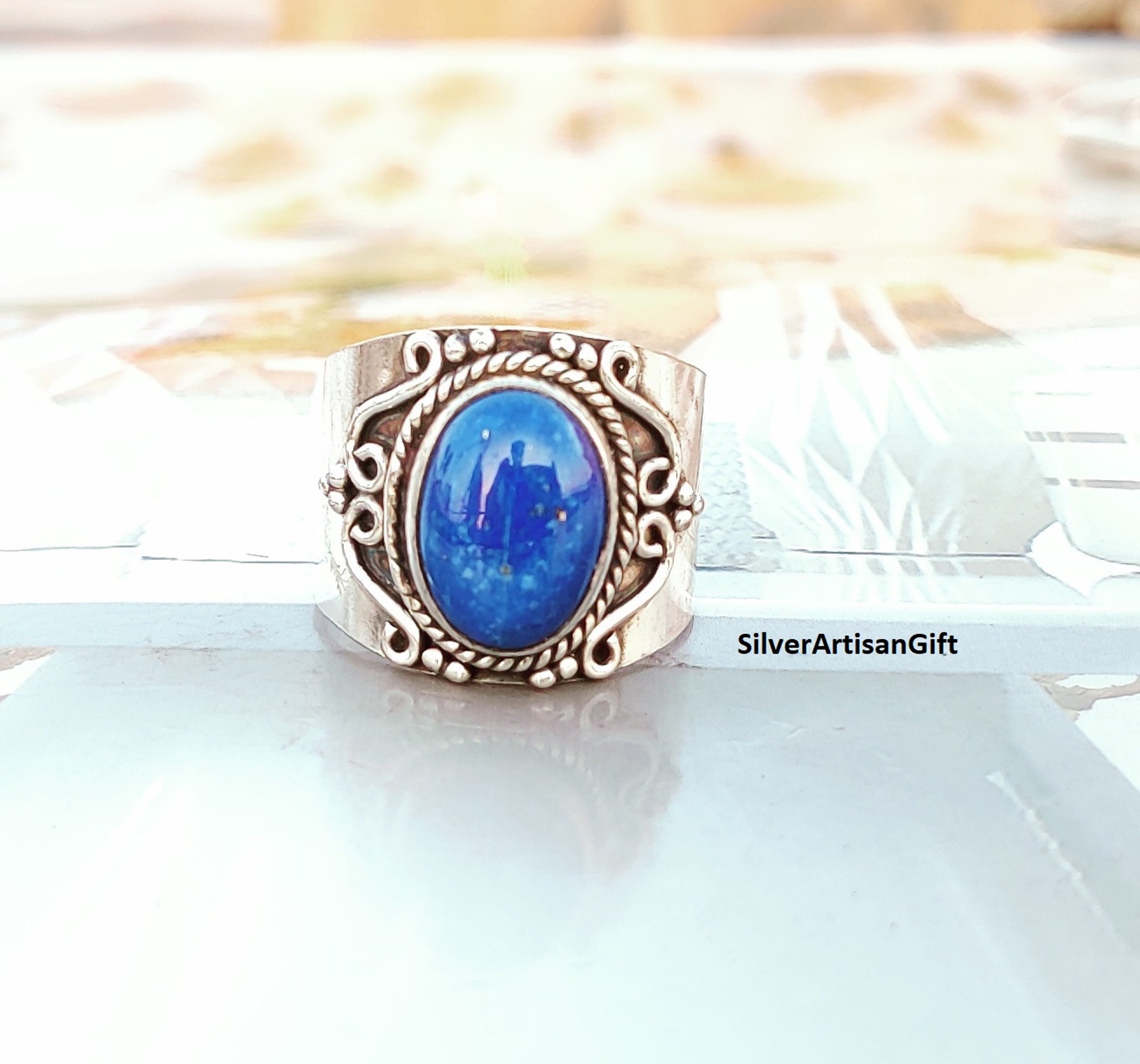 Handcrafted Genuine Lapis Lazuli Sterling Silver Statement Ring For Women & Men - Available In Sizes 4-12