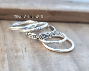 925 Sterling Silver Stacking Hammered & Floral Design Band Set oxidized Rings  Boho Minimalist Handmade Jewelry
