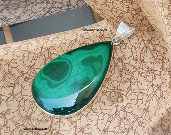 Natural Malachite Pendant , 925 Sterling Silver Pendant , Pear Big Stone Pendant , Handmade Pendant , Birthday Gift , Gift for Girls ****