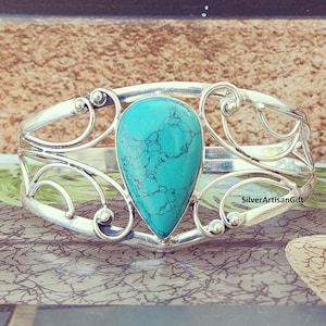 Handmade Turquoise 925 Sterling Silver Bangle - Adjustable Gemstone Bracelet