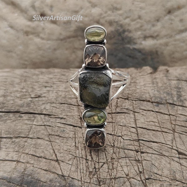 Roher Moldavit Peridot Ring: 925 Sterling Silber Lünette Einstellung handgemachte Frau unisex Schmuck Glücksring