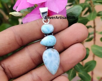 Larimar Pear Pendant: Handmade 925 Sterling Silver Gemstone Jewelry