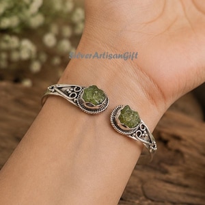 Raw Peridot Cuff Bracelet, 925 Sterling Silver Open Bangle, woman Bracelet, August Birthstone Jewelry, Handmade Gift  trending gift