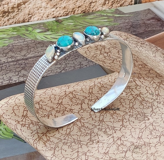 Handmade Turquoise & Opal 925 Sterling Silver Bangle - Etsy