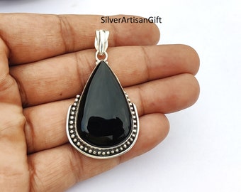 Pear Black Onyx Pendant: 925 Sterling Silver Women's handmade Jewelry