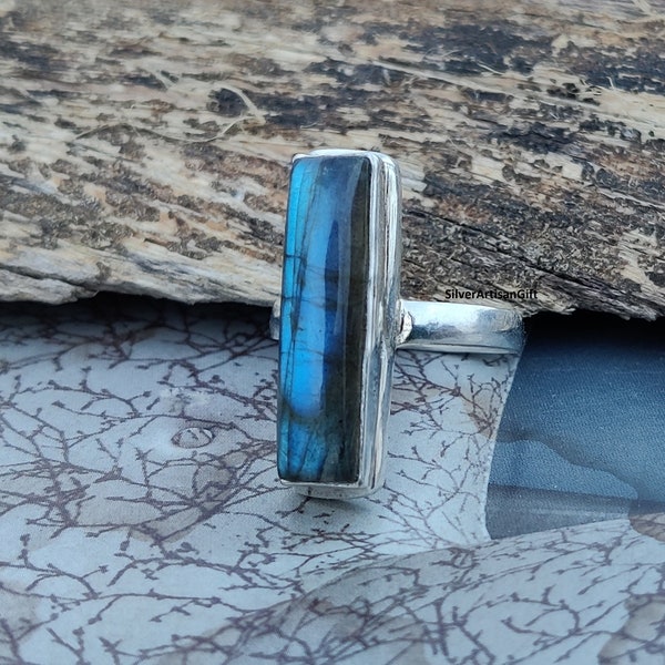 Labradorite Ring, Statement Ring, Long Stone Ring, Blue Stone Ring, 925 Sterling Silver, Gemstone Ring, Handmade Ring, best Ring, Women Ring