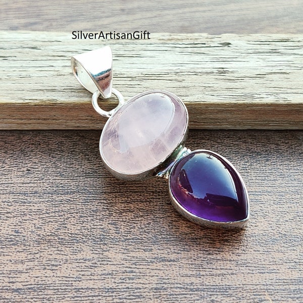 Hanger met amethist en rozenkwarts: instelling van 925 sterlingzilveren perenring