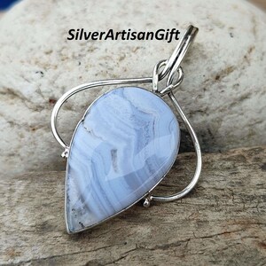 Handmade Blue Lace Agate Pendant: 925 Sterling Silver Bezel