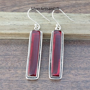 Garnet Earrings, Red Garnet Dangle Earrings, Natural Garnet Earrings, 925 Silver Garnet Earrings, Gemstone Earrings, Rectangle  Earrings