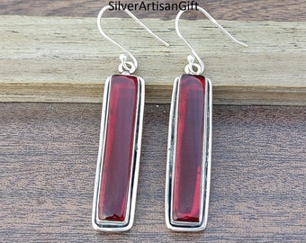 Garnet Earrings, Red Garnet Dangle Earrings, Natural Garnet Earrings, 925 Silver Garnet Earrings, Gemstone Earrings, Rectangle  Earrings