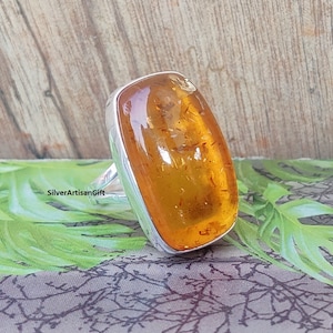 Handmade Natural Amber Ring: 925 Sterling Silver Boho Jewelry
