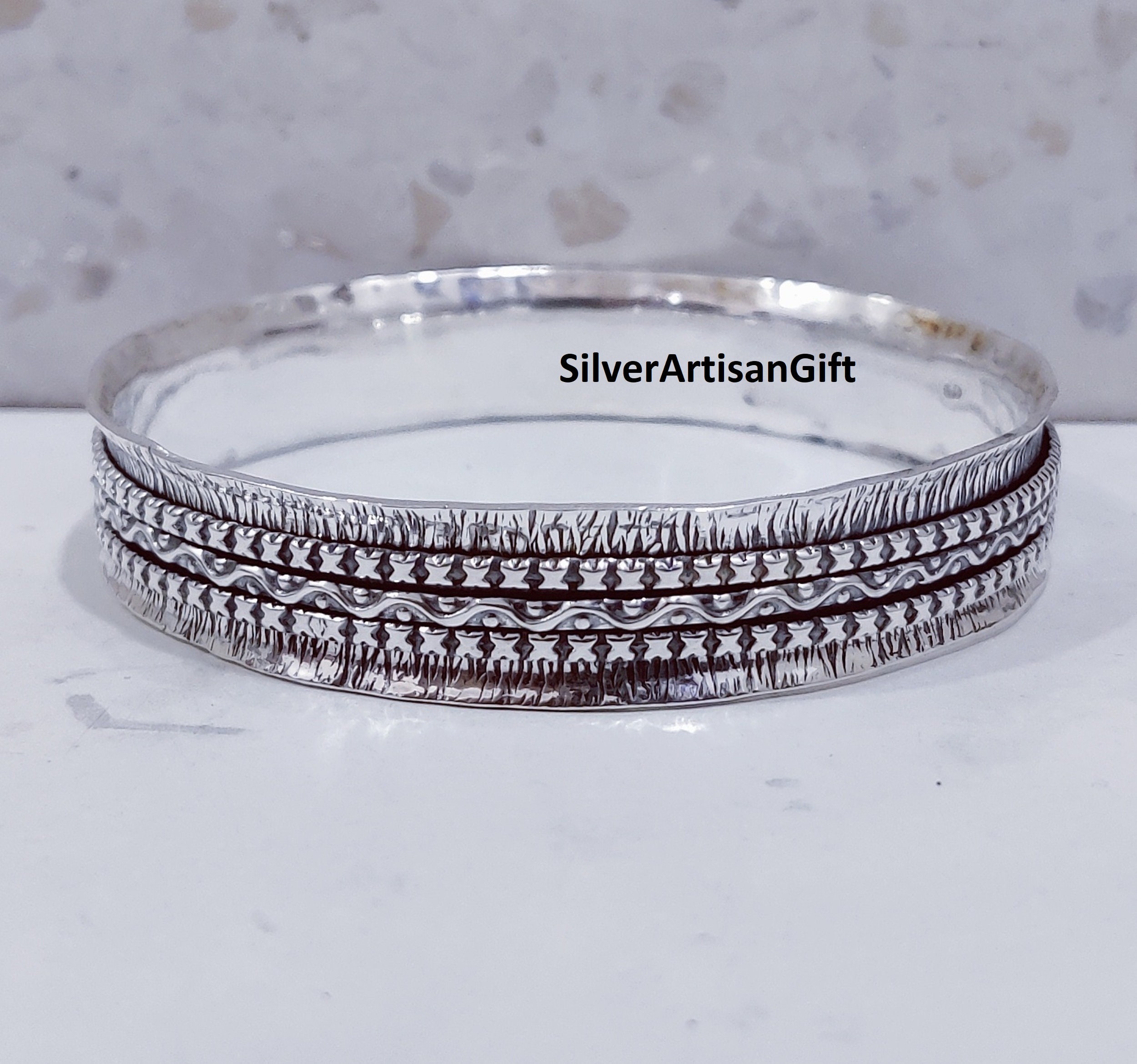 925 Sterling Silver Spinner Bangle: Hammered Three Band Stackable