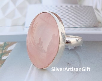 Handmade Rose Quartz Ring, 925 Sterling Silver, Pink Rose Quartz Ring, Simple Band Ring, Oval Gemstone Ring, Women Ring, Gift For Her ***