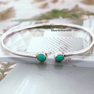 Simple Cuff Turquoise Bangle ,925 Sterling Silver, Handmade Bracelet, Gemstone Bangle, Round Shape Stone Bangles, Birthstone Bracelet *****