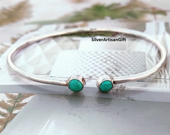 Simple Cuff Turquoise Bangle ,925 Sterling Silver, Handmade Bracelet, Gemstone Bangle, Round Shape Stone Bangles, Birthstone Bracelet *****