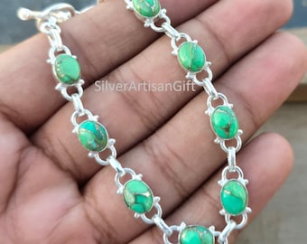 グリーンターコイズの宝石ブレスレット｜925スターリングシルバー製ハンドメイドジュエリー｜女性へのボヘミアンギフト