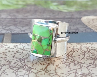 Green Copper Turquoise Ring , 925 Solid Sterling Silver Ring, Square Green Turquoise Gemstone Ring , Statement Ring ,men and women ring ***