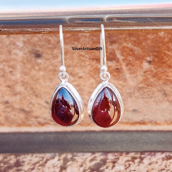 Natural Garnet Earring , 925 Sterling Silver Earring , Handmade Silver Earring , Dangle Earring, Teardrop Garnet Earring, January Birthstone