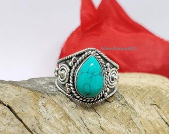 Handcrafted Teardrop Turquoise Ring:  925 Sterling Silver Boho Statement