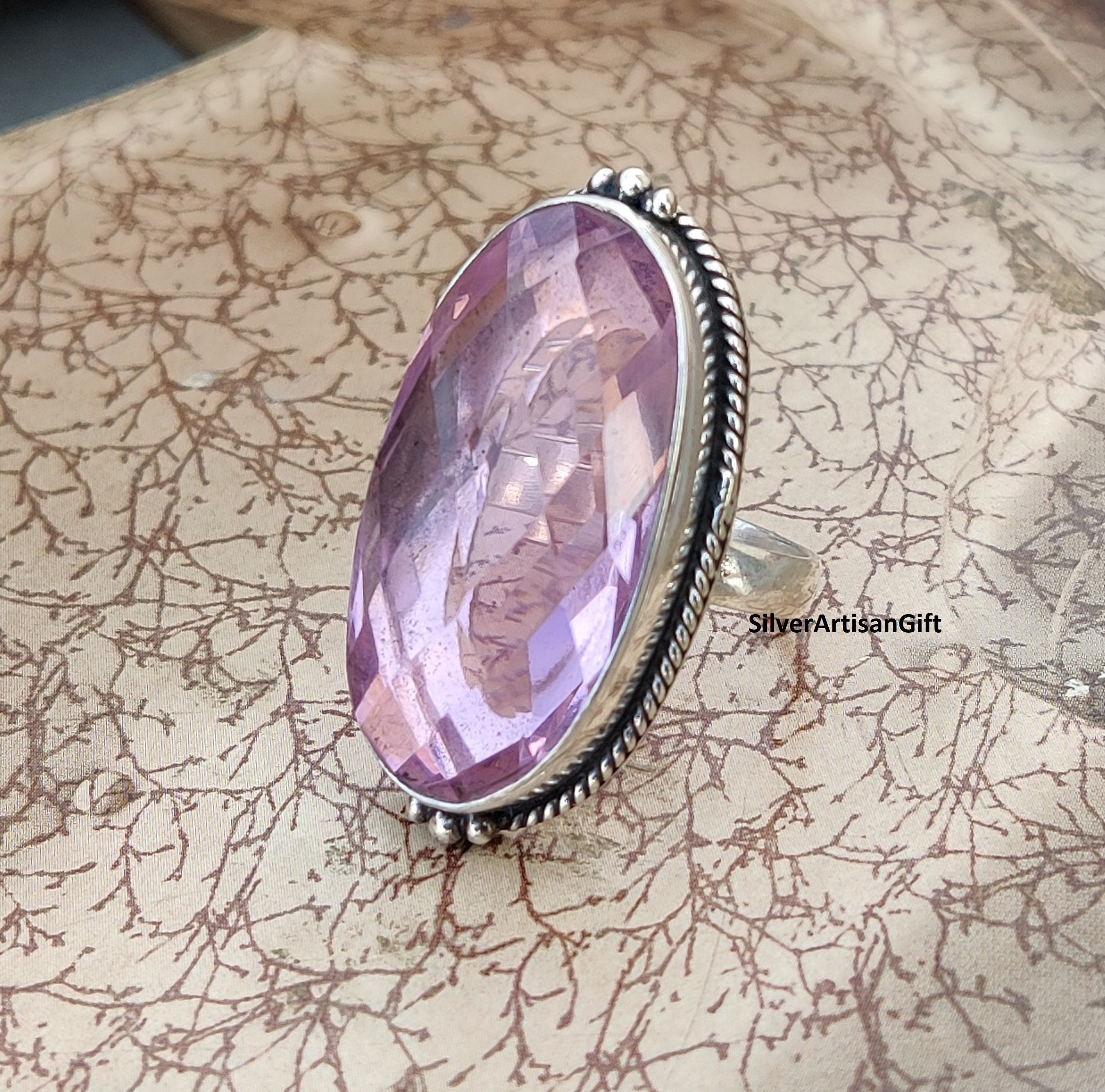 Silver Rose Quartz Ring, 925 Sterling Silver Big Stone Ring, Designer Handmade Lovely Silver Ring, Women Jewelry, Valentine's Day Gift ****
