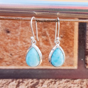 Larimar-oorbellen, 925 sterlingzilveren oorbellen, Larimar peervorm oorbellen, boho oorbellen, handgemaakte oorbellen, zilveren oorbellen, cadeau