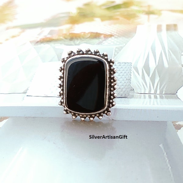 Black Onyx Ring, 925 Silver Jewelry Ring, Natural Black Onyx Flat Square Ring, Handmade Ring, Square Cut Stone, All Size Ring ****