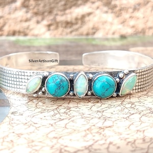 Handmade Turquoise & Opal 925  sterling Silver Bangle