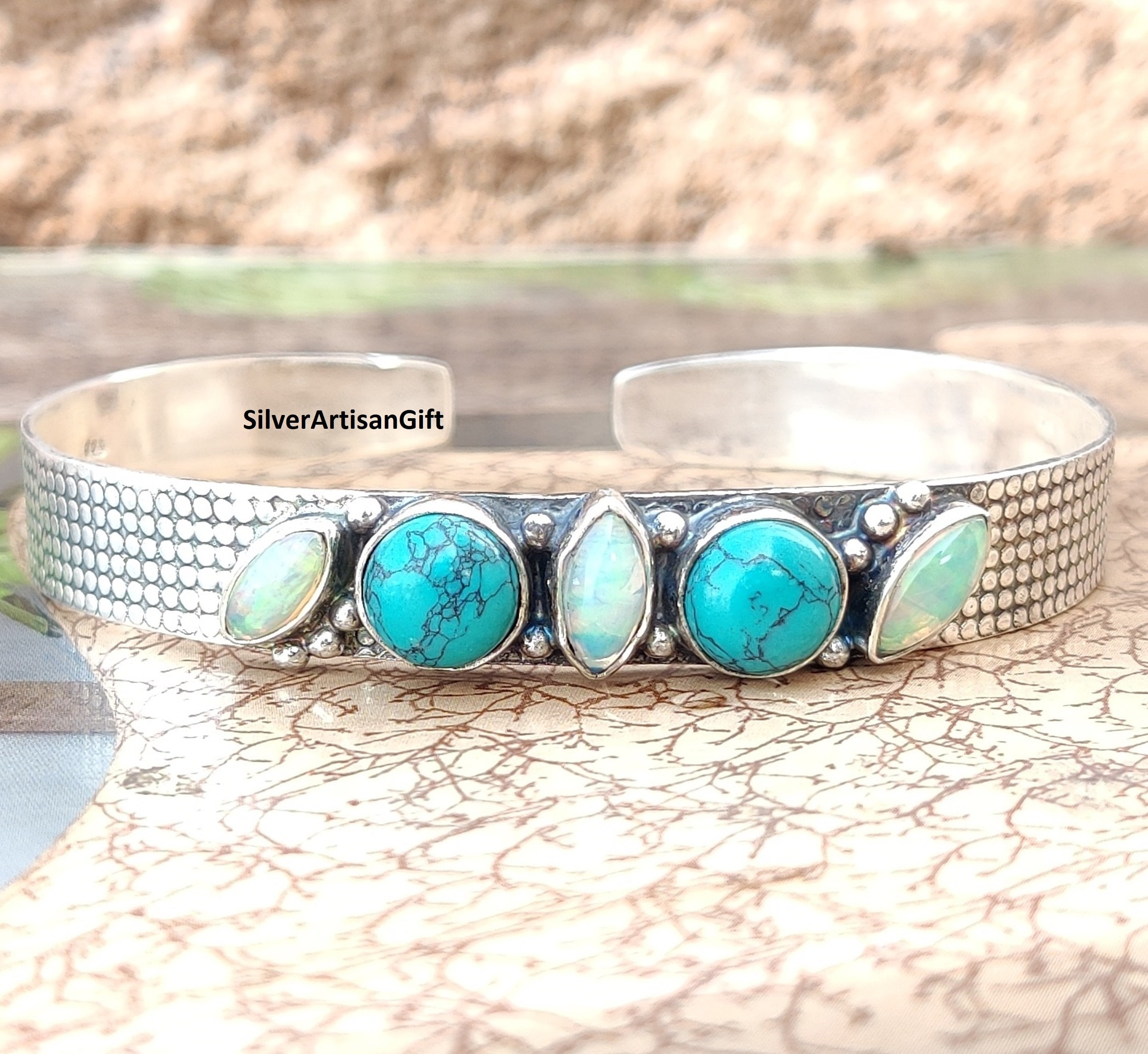 Handmade Turquoise & Opal 925 Sterling Silver Bangle - Etsy