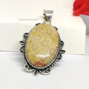 Handmade Fossil Coral Pendant in 925 Sterling Silver Oval Natural Fossilized Coral Gemstone Necklace Unique Boho Jewelry Gift Lucy pendant
