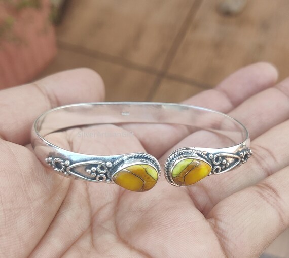 Honey Rose Dahlia Turquoise Adjustable Bangle: 925 Sterling Silver