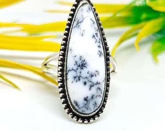 Dendritic Agate natural Gemstone ring, 925 sterling silver, Bezel Setting, handmade  jewelry.