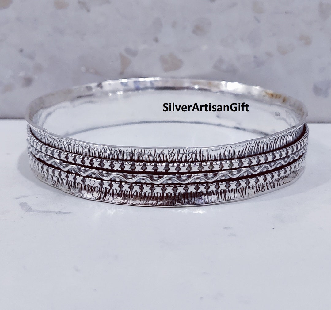925 Sterling Silver Spinner Bangle: Hammered Three Band Stackable