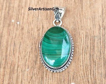 Natural Malachite Pendant: Oval 925  Sterling Silver Bezel Setting